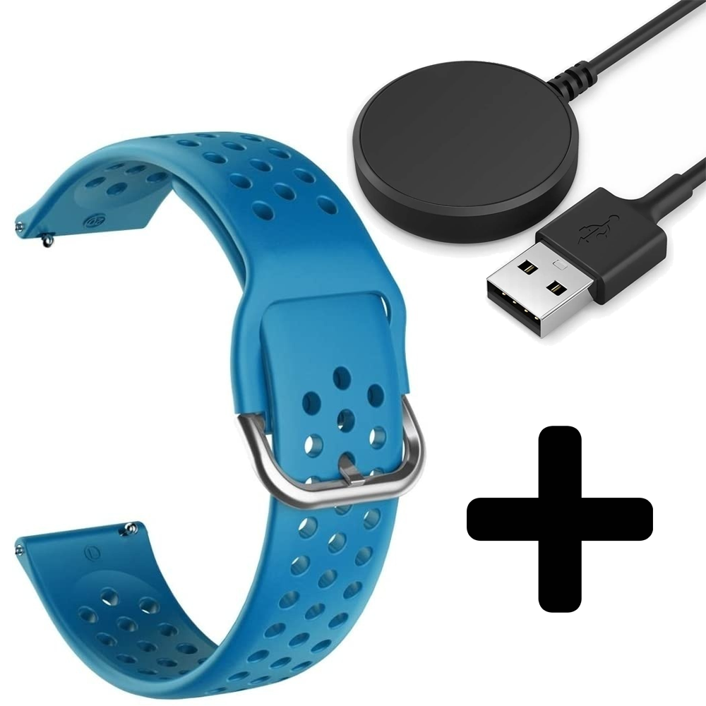 Strap-it Strap-it Bandje geschikt voor Samsung Galaxy Watch 5 (40mm / 44mm / Pro) bandje siliconen bandje met gaatjes (lichtblauw) - Incl. Oplader geschikt voor Samsung Galaxy Watch 5 40 mm / 44 mm / Pro (oplaadkabel)