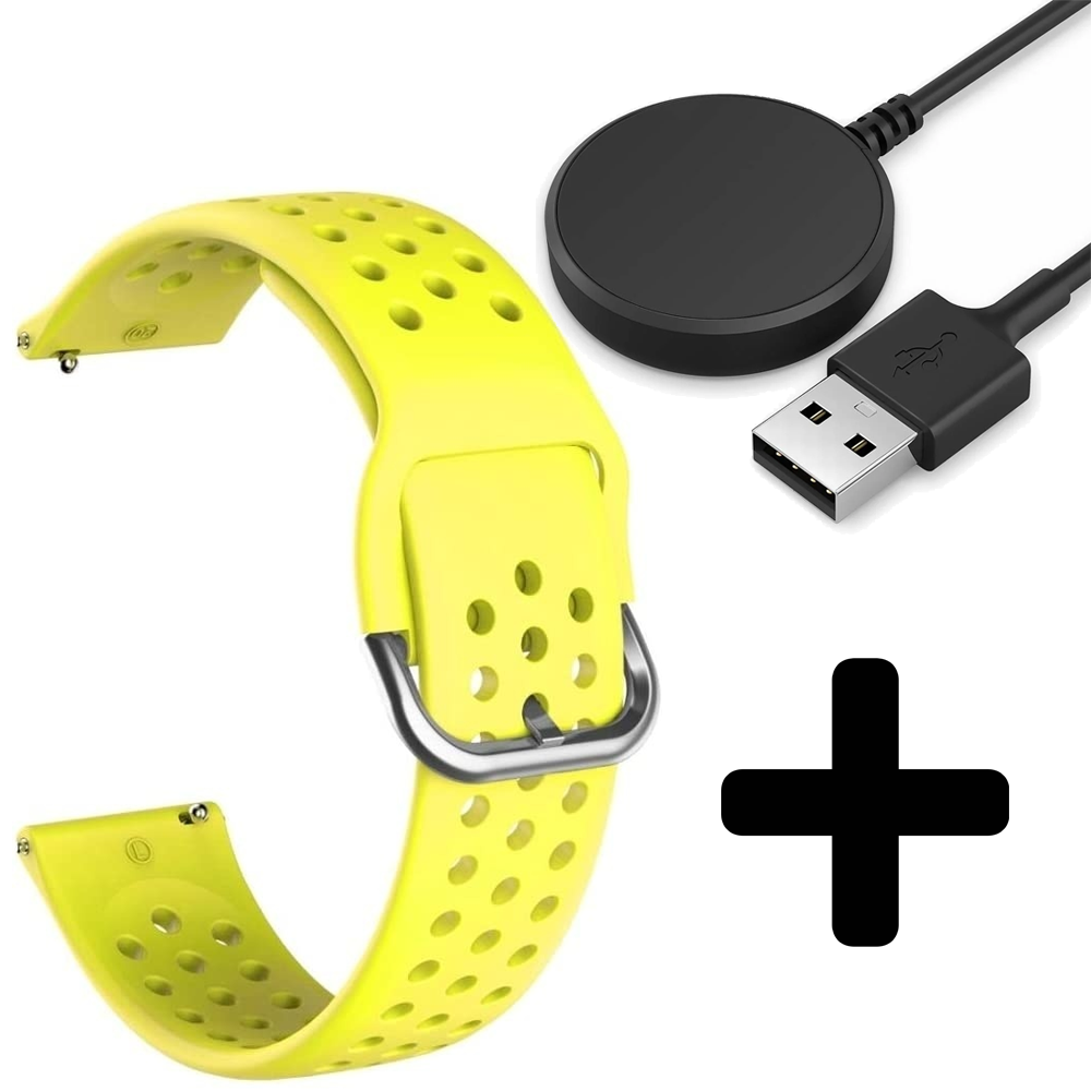 Strap-it Strap-it Bandje geschikt voor Samsung Galaxy Watch 5 (40mm / 44mm / Pro) bandje siliconen bandje met gaatjes (geel) - Incl. Oplader geschikt voor Samsung Galaxy Watch 5 40 mm / 44 mm / Pro (oplaadkabel)
