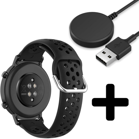 Strap-it Strap-it Bandje geschikt voor Samsung Galaxy Watch 5 (40mm / 44mm / Pro) bandje siliconen bandje met gaatjes (zwart) - Incl. Oplader geschikt voor Samsung Galaxy Watch 5 40 mm / 44 mm / Pro (oplaadkabel)