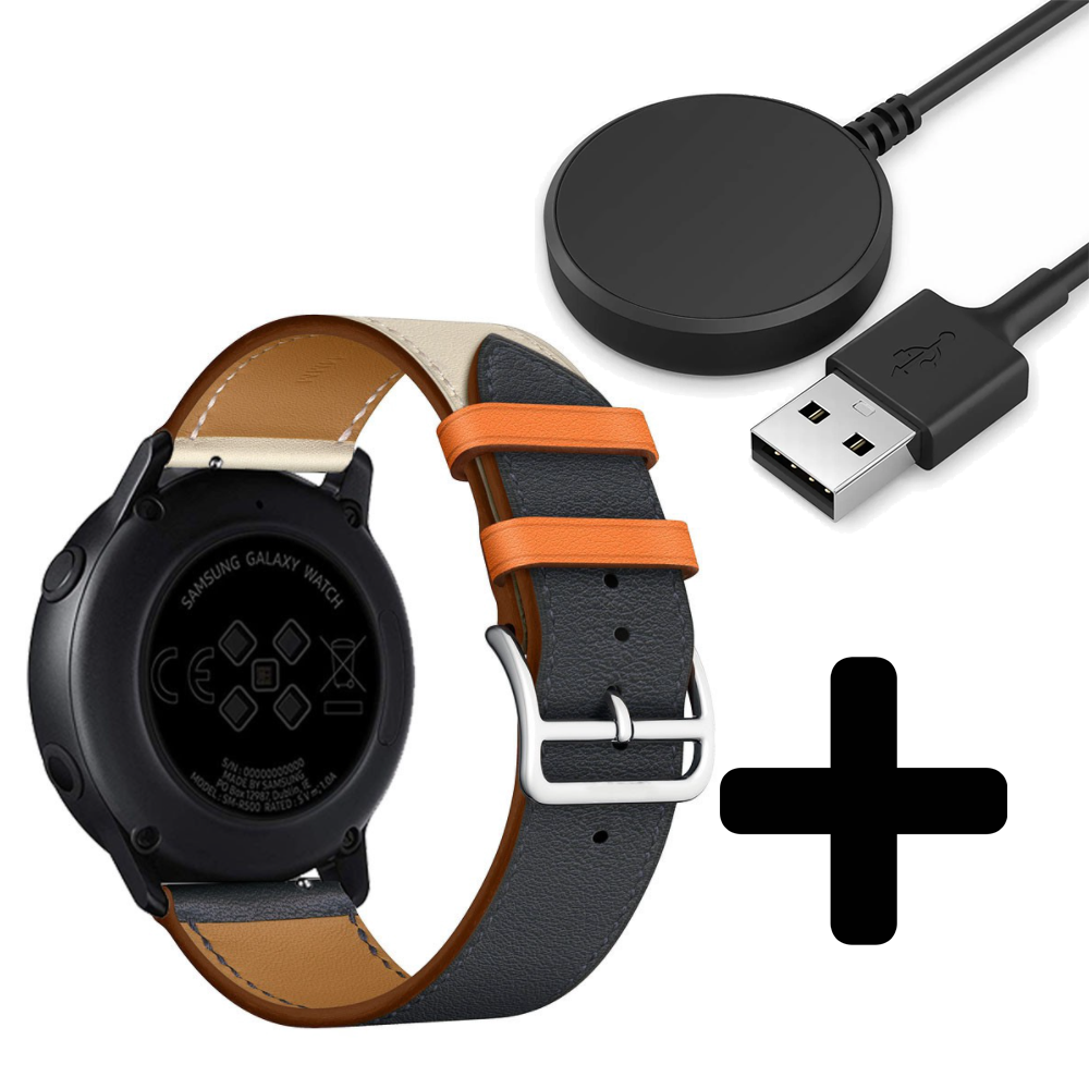 Strap-it Strap-it Bandje geschikt voor Samsung Galaxy Watch 5 (40mm / 44mm / Pro) bandje leren bandje (wit/donkerblauw) - Incl. Oplader geschikt voor Samsung Galaxy Watch 5 40 mm / 44 mm / Pro (oplaadkabel)