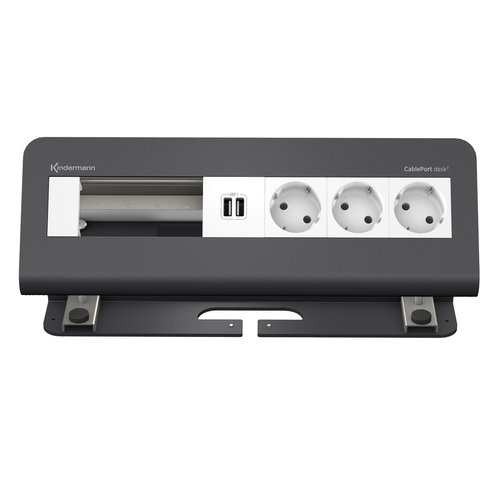 Kindermann CablePort desk² - 6 voudig - 3x Stroom, 1x USB lader en 2x leeg (4 half-sized modules) Antraciet