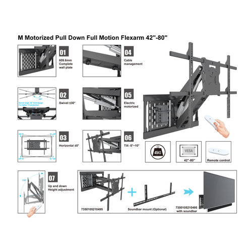 Multibrackets Elektrische TV Beugel Pull Down Full Motion Flexarm 42-80''