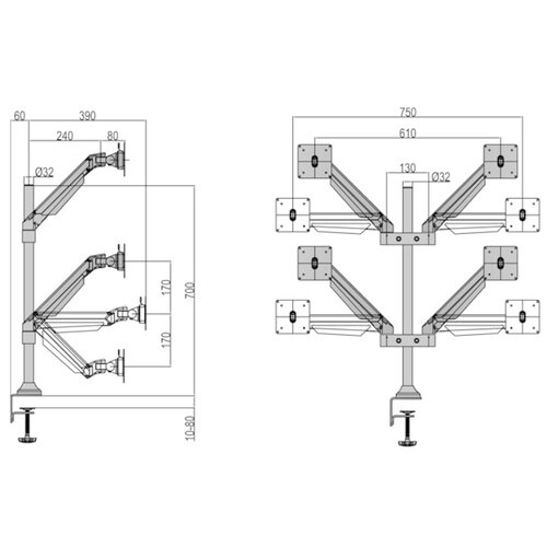 Multibrackets Monitorarm voor 4 schermen Zilvergrijs