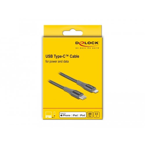 DeLock Data -en Oplaadkabel USB Type-C™ - Lightning™  voor iPhone™, iPad™ en iPod™ 0.5 meter - Grijs