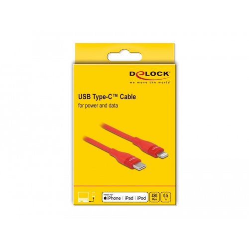 DeLock Data -en Oplaadkabel USB Type-C™ - Lightning™ voor iPhone™, iPad™ en iPod™ 0.5 meter - Rood