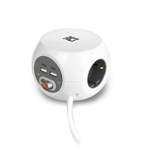 ACT PowerCube Verlengblok 3x Stroom, 2x USB A en 2x USB C - 1.5 meter Grijs
