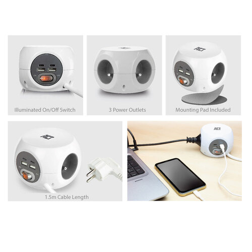 ACT PowerCube 3x Stroom (Type E), 1x USB C, 1x USB A - 1.5 meter Grijs