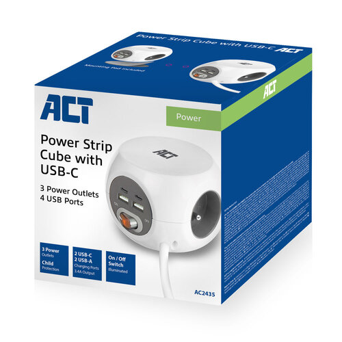 ACT PowerCube 3x Stroom (Type E), 1x USB C, 1x USB A - 1.5 meter Grijs