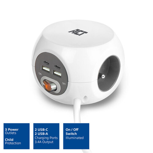 ACT PowerCube 3x Stroom (Type E), 1x USB C, 1x USB A - 1.5 meter Grijs