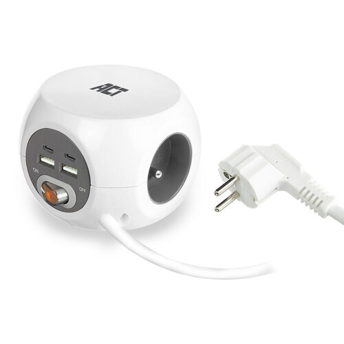 ACT PowerCube 3x Stroom (Type E), 1x USB C, 1x USB A - 1.5 meter Grijs