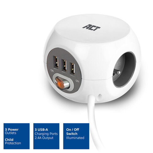 ACT PowerCube 3x Stroom (Type E), 3x USB A - 1.5 meter Grijs