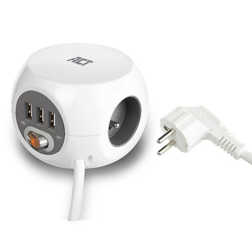ACT PowerCube 3x Stroom (Type E), 3x USB A - 1.5 meter Grijs