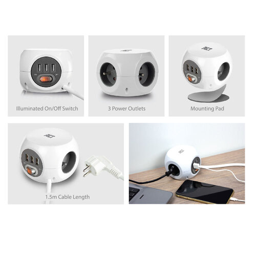 ACT PowerCube 3x Stroom (Type E), 3x USB A - 1.5 meter Grijs