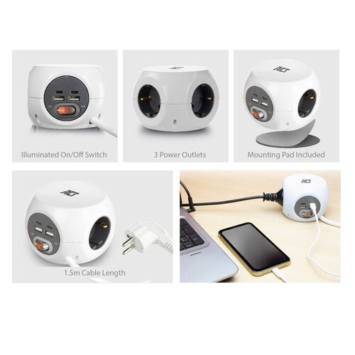 ACT PowerCube Verlengblok 3x Stroom, 2x USB A en 2x USB C - 1.5 meter Grijs