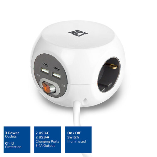 ACT PowerCube Verlengblok 3x Stroom, 2x USB A en 2x USB C - 1.5 meter Grijs