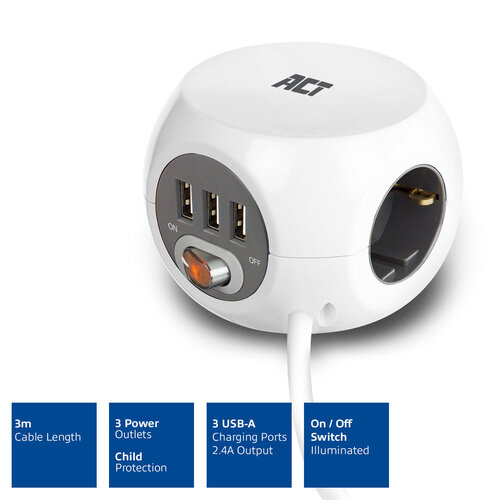 ACT PowerCube 3x Stroom, Verlengblok 3x USB A - 3.0 meter Grijs