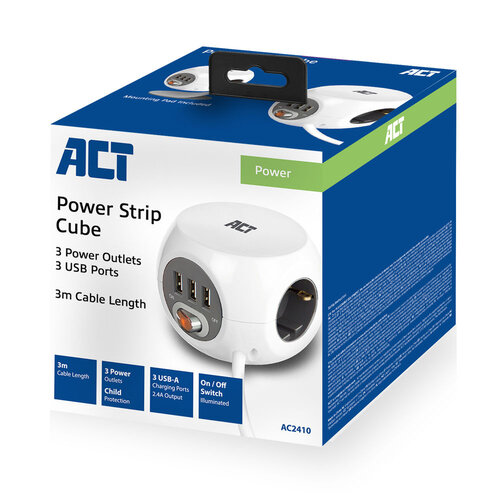 ACT PowerCube 3x Stroom, Verlengblok 3x USB A - 3.0 meter Grijs