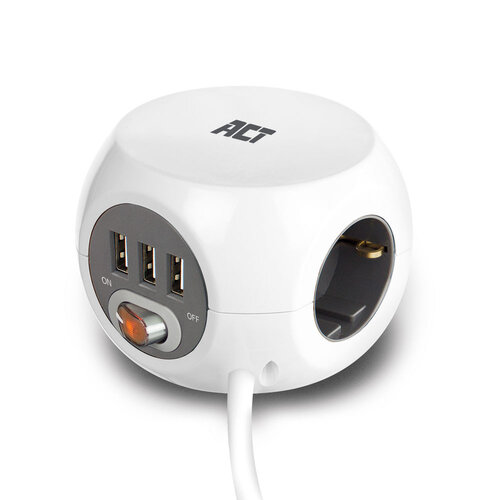 ACT PowerCube Verlengblok 3x Stroom, 3x USB A - 1.5 meter Grijs