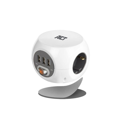 ACT PowerCube Verlengblok 3x Stroom, 3x USB A - 1.5 meter Grijs