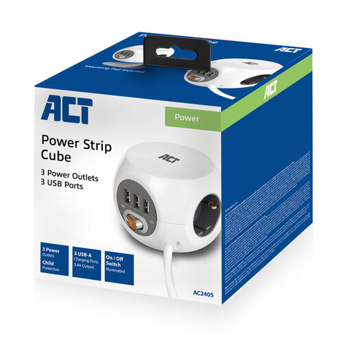 ACT PowerCube Verlengblok 3x Stroom, 3x USB A - 1.5 meter Grijs