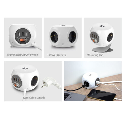 ACT PowerCube Verlengblok 3x Stroom, 3x USB A - 1.5 meter Grijs