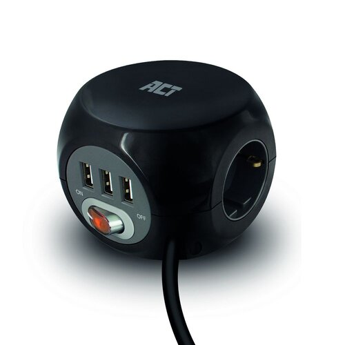 ACT PowerCube 3x Stroom, 3x USB A - 1.5 meter Zwart