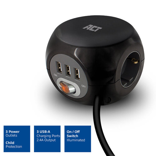 ACT PowerCube 3x Stroom, 3x USB A - 1.5 meter Zwart