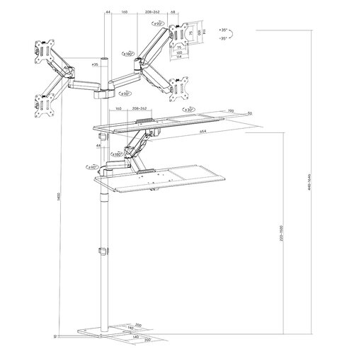 MyWall Werkstation voor 2 monitoren en Keyboard, Floormounted HP 124