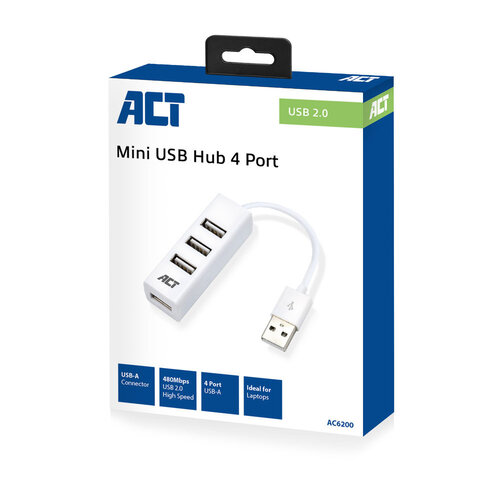 ACT 4 Poorts Mini USB A Hub (USB 2.0) Wit