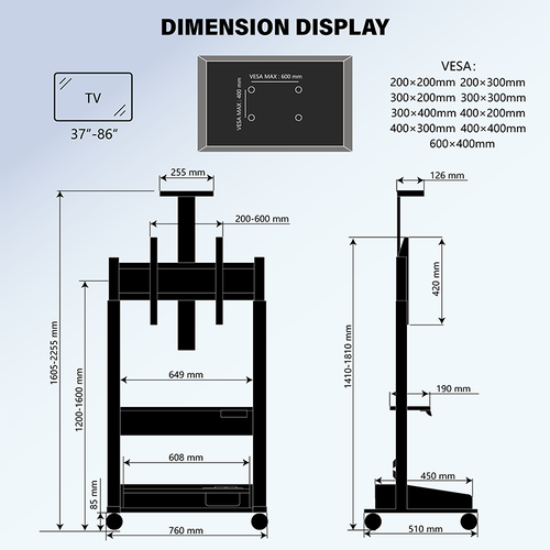 DQ Wall Support Elektrische TV Standaard Zelos Zwart