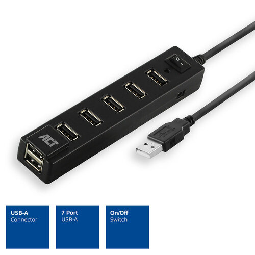 ACT 7 Poorts USB A Hub (USB 2.0) met schakelaar