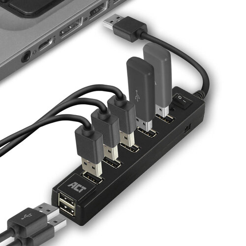 ACT 7 Poorts USB A Hub (USB 2.0) met schakelaar