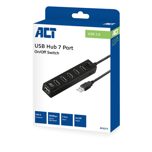 ACT 7 Poorts USB A Hub (USB 2.0) met schakelaar