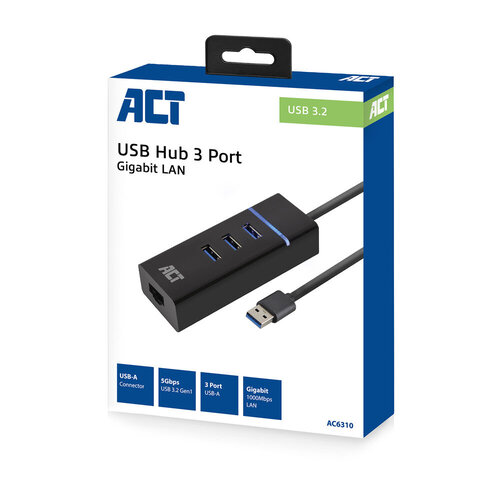 ACT 3 Poort USB + Gb Ethernet Hub (USB 3.2 Gen. 1)