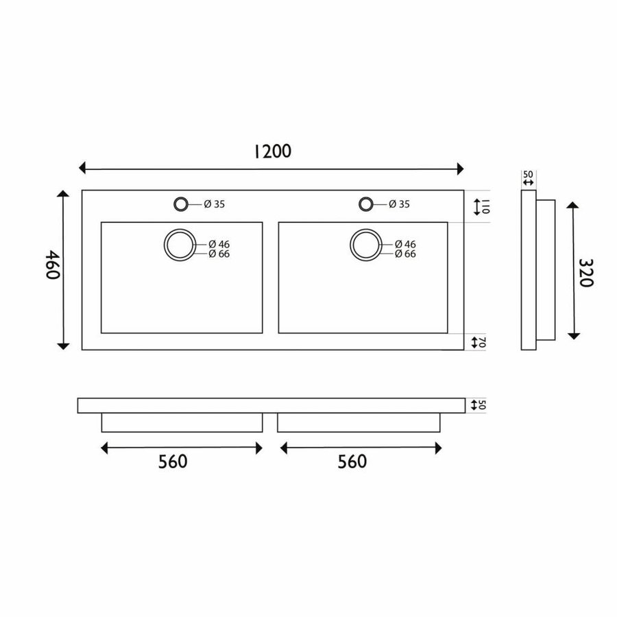 Wastafel Hardsteen 60, 80,100,120 Cm (0,1 Of 2 Kraangaten)