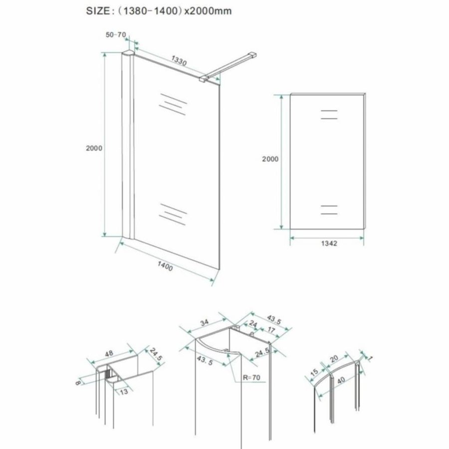 Douchewand 140X200Cm 8Mm Met Schaamband Nano Glas