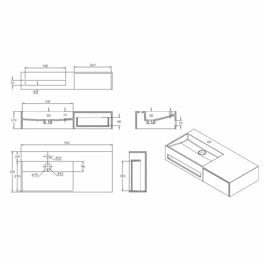 Wastafel met Lade Spring 90x40x17 cm Solid Surface Mat Wit