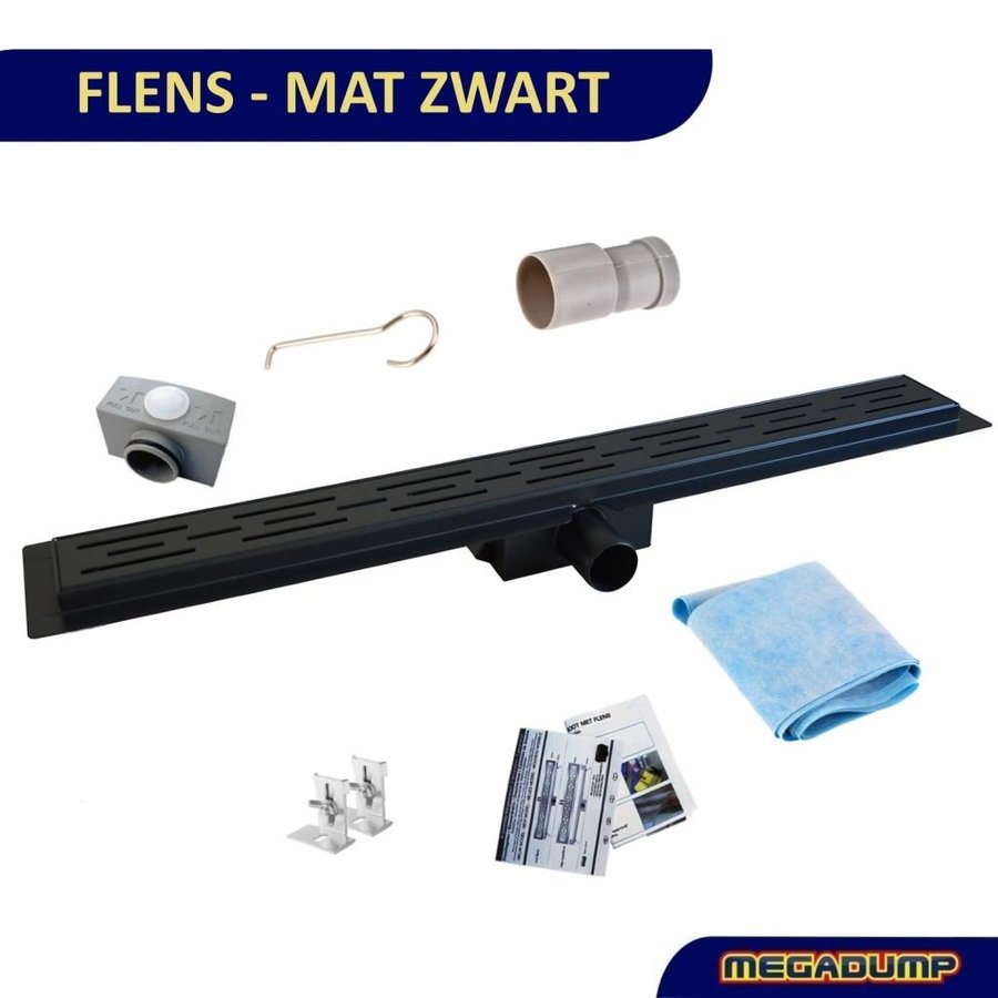 Mat Zwart Douchegoot RVS Drain met los sifon en DESIGN rooster 7cm breed (30 t/m 200cm)