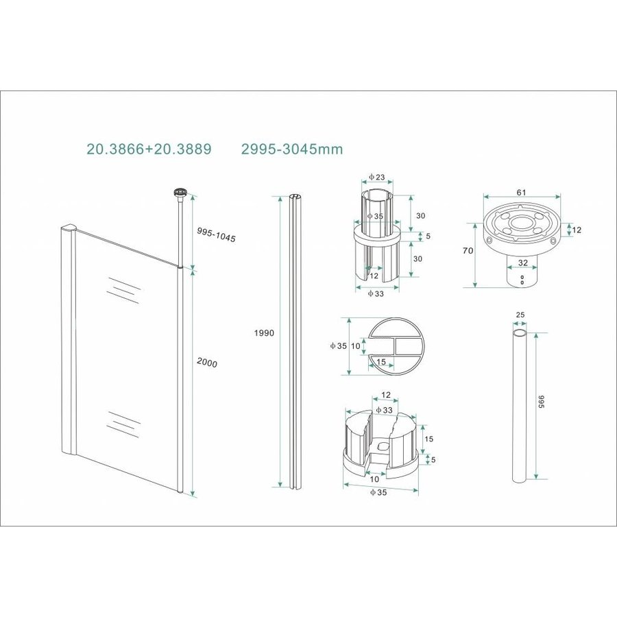 Wiesbaden set verticale stabilisatiestang+plafond bev.chroom