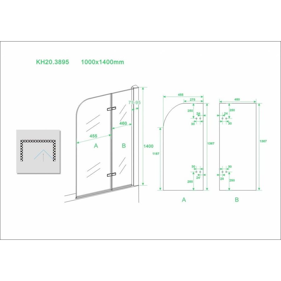 Wiesbaden badwand 2-delig inklapb. 1000x1400 6mm NANO chroom