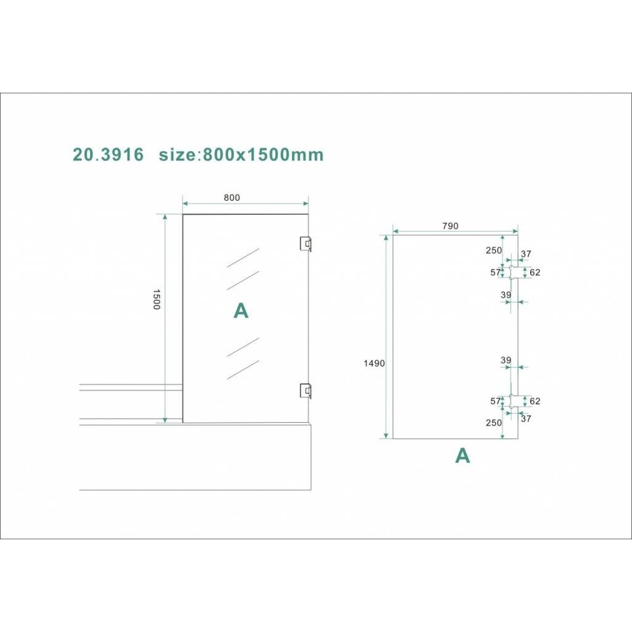 Wiesbaden profielloze draaibare badwand 800x1500 6mm NANO