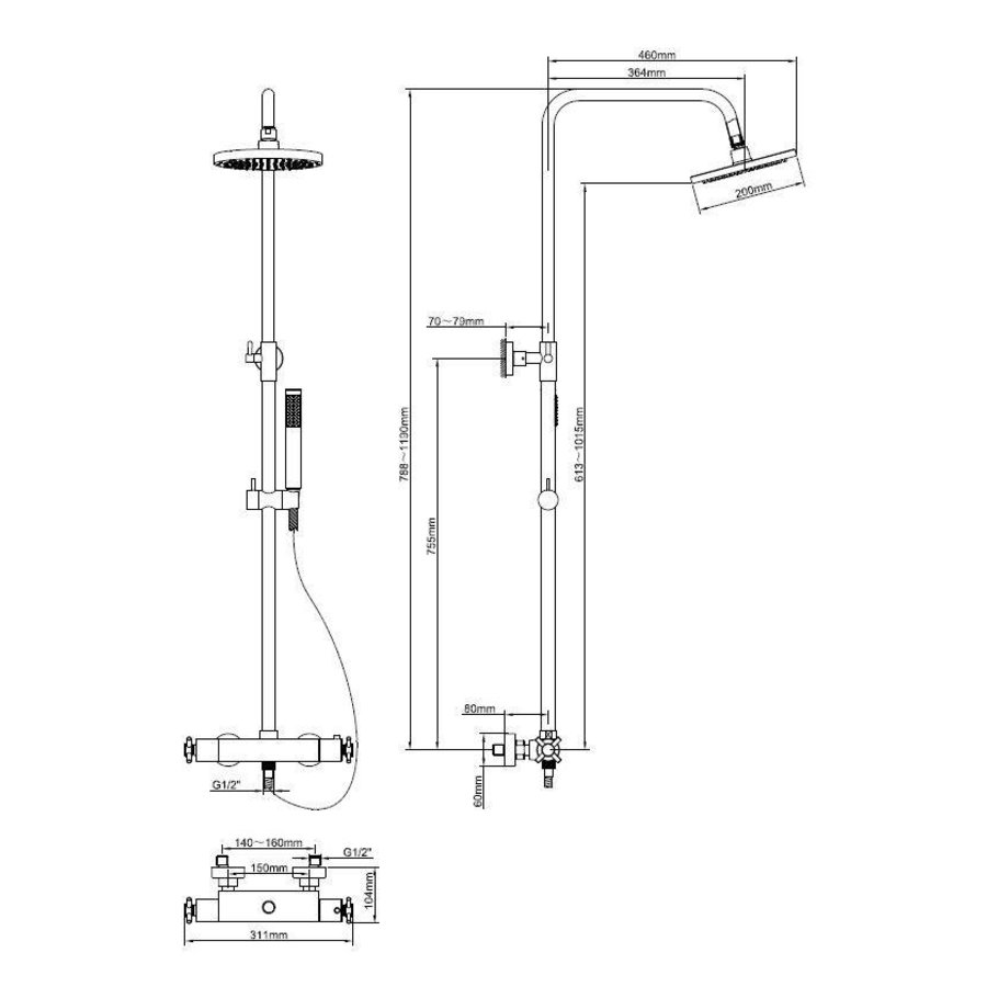 Wiesbaden Cross douche-opbouwset + therm. mengkraan chroom