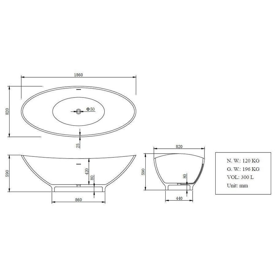 Solid Surface vrijstaand bad  type 2 1860x820x590