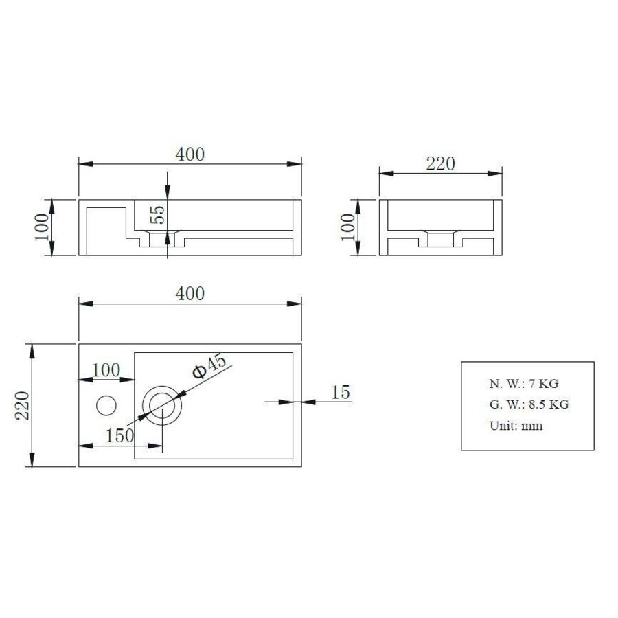 Solid Surface fontein links 400x220x100