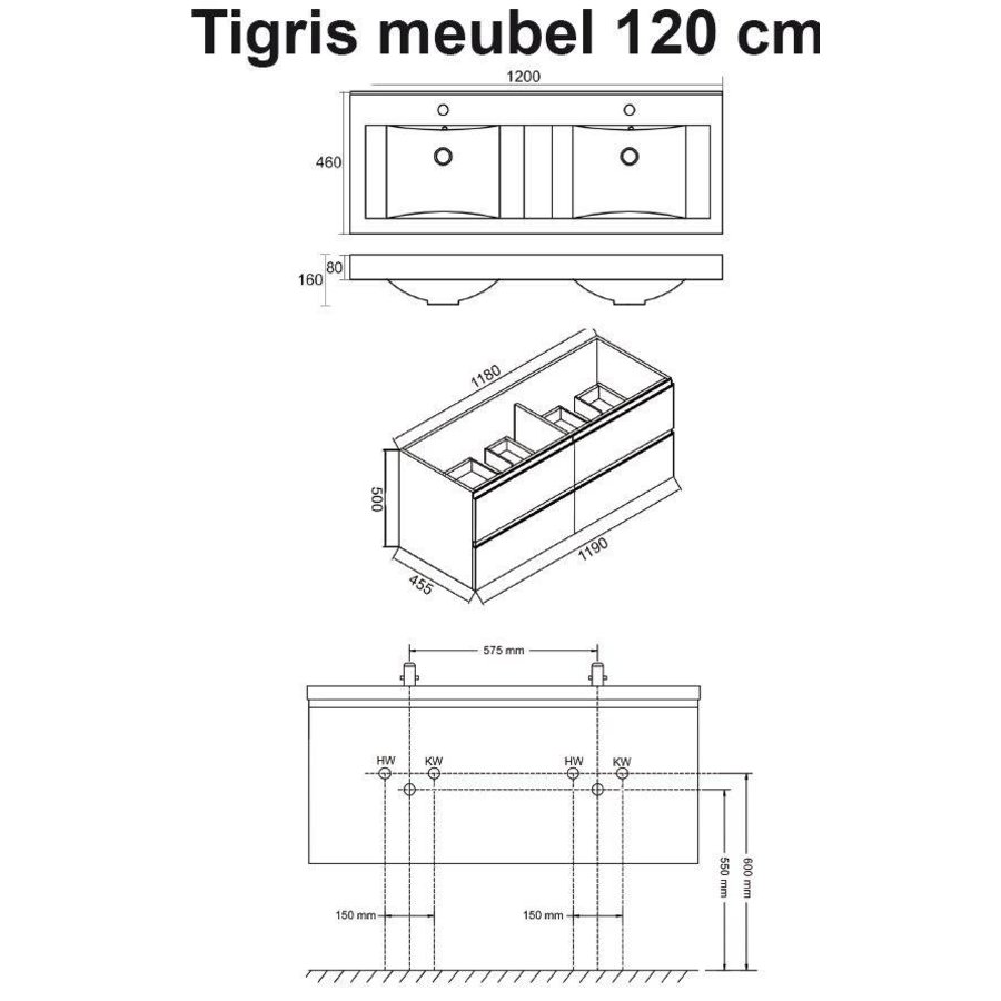 Wiesbaden Tigris onderkast + dubb.wast. + 4 laden 1200x580x460 houtnerf grijs