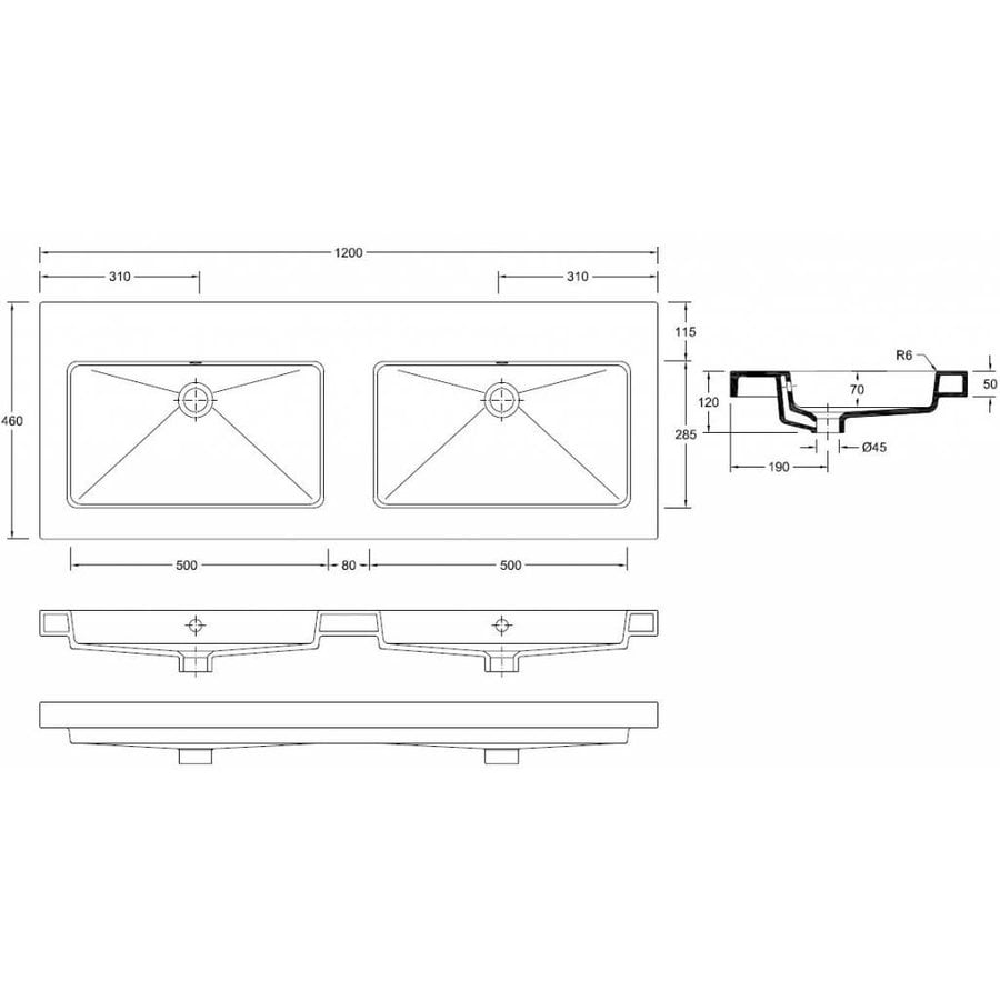 Wiesbaden keramische dub.meubelwastafel 120x46 zond. kr.gaten