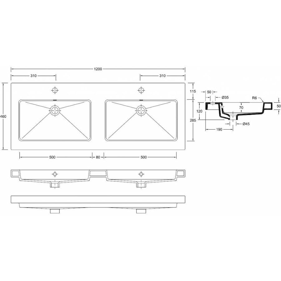 Wiesbaden keramische dub.meubelwastafel 120x46 2 kr.gaten