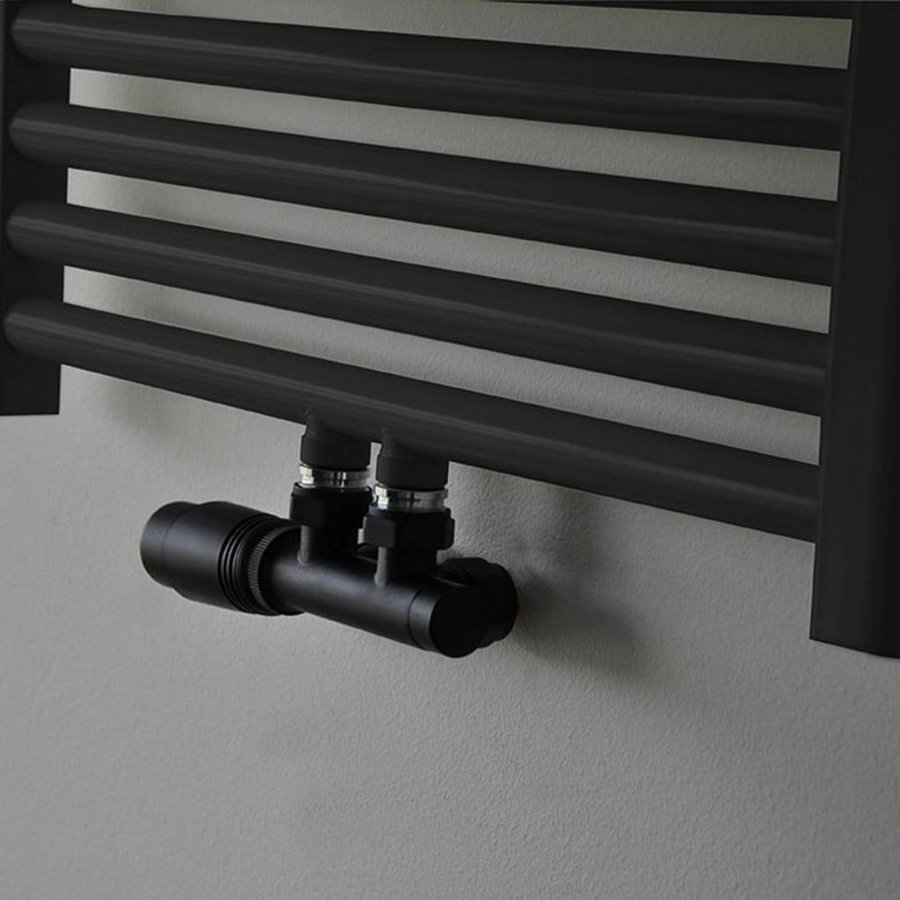 Radiator Onderblok Wiesbaden Haaks Links Mat Zwart (Voor midden aansluiting)