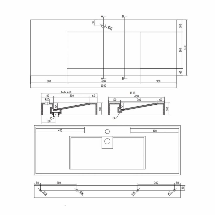 Wastafel Ideavit Solidsquare 120x46x10 cm Solid Surface Mat Wit