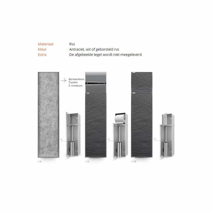 LoooX Closed Inbouw Toiletborstel Garnituur Betegelbaar 14.5x61x14 cm Antraciet CL8